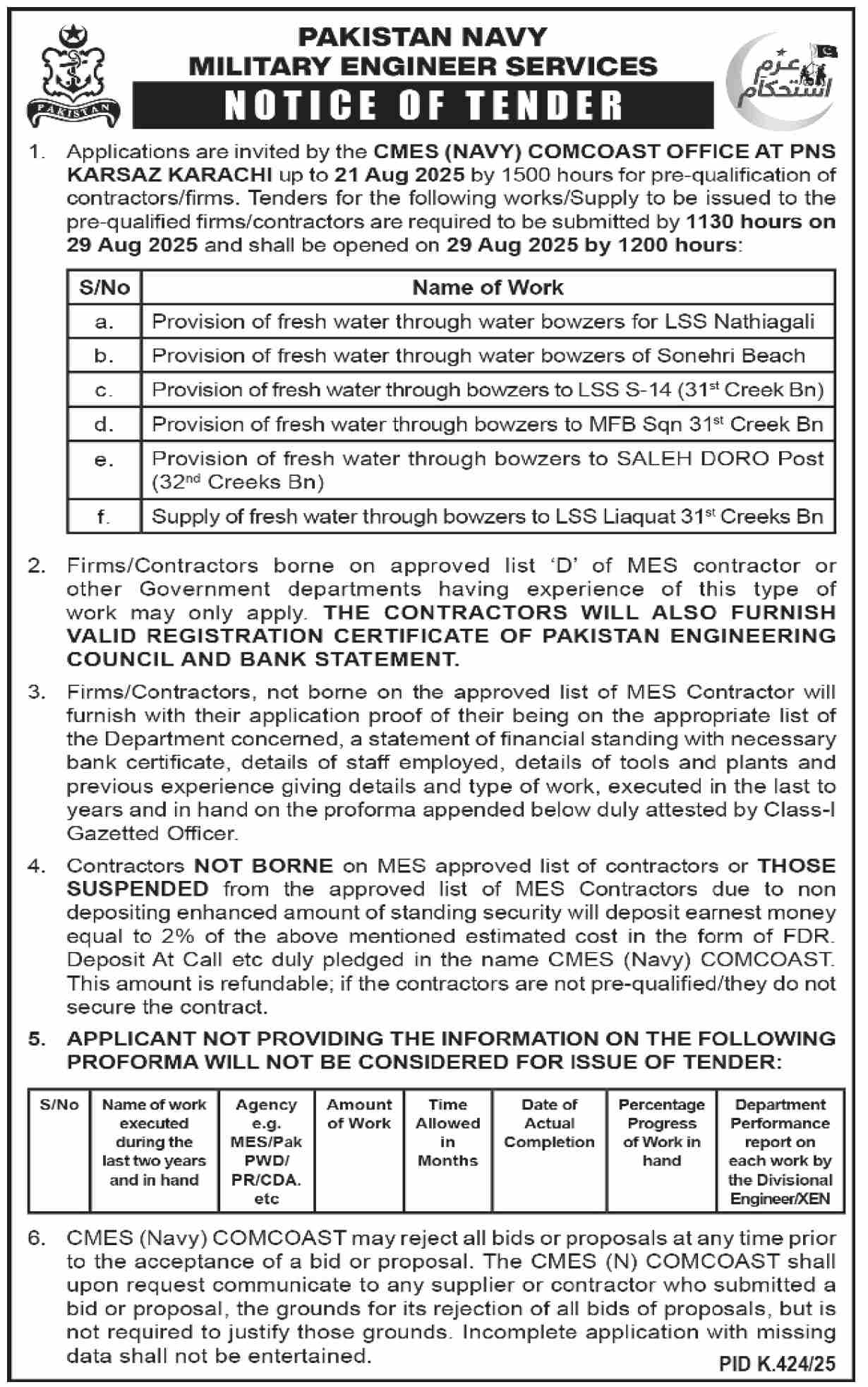 Pakistan Navy Military Engineering Services Tender Notice